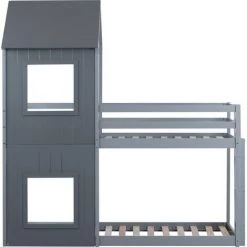 LBF Lit Cabane Enfant Superposé 90 X 200 Cm - Avec échelle Et Toit, Lit Cabane Avec Sommier, Cadre De Lit En Bois De Pin - Gris -Lit enfant Soldes Boutique 65610301 3