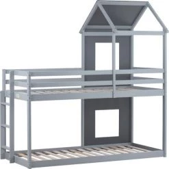 LBF Lit Cabane Enfant Superposé 90 X 200 Cm - Avec échelle Et Toit, Lit Cabane Avec Sommier, Cadre De Lit En Bois De Pin - Gris -Lit enfant Soldes Boutique 65610301 4