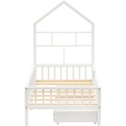 Lit Enfant Simple 90 X 200 Cm - Avec Tête De Lit Bibliothèque Et 2 Tiroirs-Blanc Bois Massif LBF -Lit enfant Soldes Boutique 65610302 4
