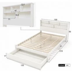 FIMEI Lit Double En Bois Massif Avec Tiroirs Et Sommier à Lattes, Bibliothèque Adolescents Et Adultes Lit D'enfant, 140x200cm Blanc -Lit enfant Soldes Boutique 65628051 4