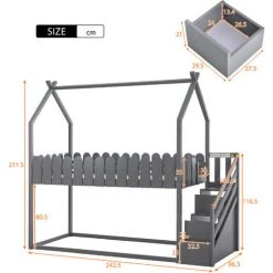 FIMEI Lit Cabane Avec 3 Marches, Avec 2 Tiroirs, Avec Clôture, Lit Superposé, Lit D'enfant, Gris -Lit enfant Soldes Boutique 65628103 5