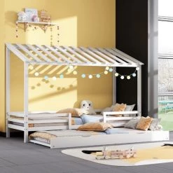 FIMEI Lit Cabane Lit Gigogne Lit D'adolescent Lit Avec Rangement Lit De Jour Lit Fonctionnel Lit 90x200 Lit Superposé Blanc