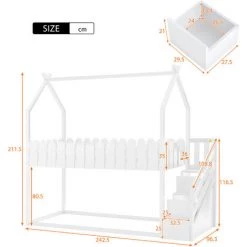 FIMEI Lit Cabane Avec 3 Escaliers, Avec 2 Tiroirs, Avec Clôture, Lit Superposé, Lit Bébé, Blanc -Lit enfant Soldes Boutique 65628120 4