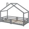FVO Lit Cabane Avec Cheminée | Protection Contre Les Retombées| Sommiers à Lattes Robustes | Lit Cabane En Bois De Pin Pour Enfants, 90 X 200 Cm Sans Matelas, Design Maison - Construction Solide - Montage Facile ,gris