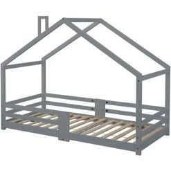 FVO Lit Cabane Avec Cheminée | Protection Contre Les Retombées| Sommiers à Lattes Robustes | Lit Cabane En Bois De Pin Pour Enfants, 90 X 200 Cm Sans Matelas, Design Maison - Construction Solide - Montage Facile ,gris