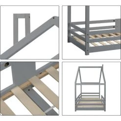 FVO Lit Cabane Avec Cheminée | Protection Contre Les Retombées| Sommiers à Lattes Robustes | Lit Cabane En Bois De Pin Pour Enfants, 90 X 200 Cm Sans Matelas, Design Maison - Construction Solide - Montage Facile ,gris -Lit enfant Soldes Boutique 65884435 4