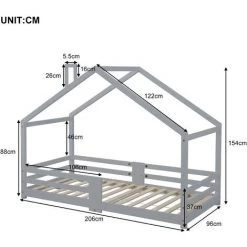 FVO Lit Cabane Avec Cheminée | Protection Contre Les Retombées| Sommiers à Lattes Robustes | Lit Cabane En Bois De Pin Pour Enfants, 90 X 200 Cm Sans Matelas, Design Maison - Construction Solide - Montage Facile ,gris -Lit enfant Soldes Boutique 65884435 5