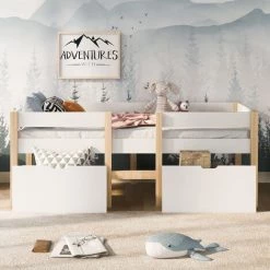 FVO Lit Pour Enfant，Lit Lit Enfant Avec Tiroir Et Protection Antichute, Pin Massif-90x200 Cm-blanc & Chêne，Barrière Sécurité (Blanc) -Lit enfant Soldes Boutique 65884436 3