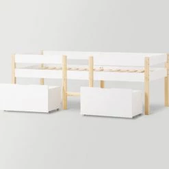 FVO Lit Pour Enfant，Lit Lit Enfant Avec Tiroir Et Protection Antichute, Pin Massif-90x200 Cm-blanc & Chêne，Barrière Sécurité (Blanc) -Lit enfant Soldes Boutique 65884436 4
