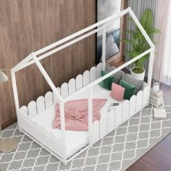 FVO Lit Enfant， Lit Cabane En Bois，lit Au Sol Cadre De ，lit 80x160 ，lit Cabane En Bois Massif ，lit Enfant Cabane Dans L'arbre， Lit Cabane En Bois Lit Ludique Bois ， Lit De Jeu En Bois(blanc) -Lit enfant Soldes Boutique 65884667 5