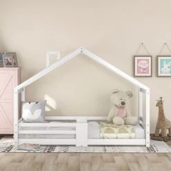FVO Lit Cabane Pour Enfant Avec | Protection Contre Les Chutes | Lit Cabane En Bois De Pin Pour Enfants, 90 X 200 Cm Sans Matelas, Lit D'enfant Maison Avec Barreaux De ,design Maison - Construction Solide - Montage Facile ,blanc -Lit enfant Soldes Boutique 65884672 4