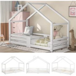 FVO Lit Cabane Pour Enfant Avec | Protection Contre Les Chutes | Lit Cabane En Bois De Pin Pour Enfants, 90 X 200 Cm Sans Matelas, Lit D'enfant Maison Avec Barreaux De ,design Maison - Construction Solide - Montage Facile ,blanc -Lit enfant Soldes Boutique 65884672 5