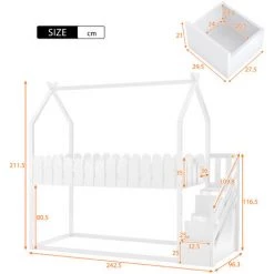 Lit Superposé Enfant - Avec 2 Tiroirs, Clôture, Escalier - Fabriqué En Bois Massif Blanc 90 X 200 Cm LBF -Lit enfant Soldes Boutique 65884859 5