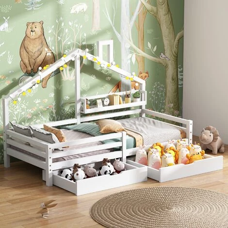 MERAX Lit Cabane 90 X 200 Cm, Lit Enfant Avec étagère De Rangement Et 2 Grands Tiroirs, Sommier Et Barrières Inlcus, Blanc 1 MERAX Lit Cabane 90 X 200 Cm, Lit Enfant Avec étagère De Rangement Et 2 Grands Tiroirs, Sommier Et Barrières Inlcus, Blanc