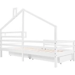 MERAX Lit Cabane 90 X 200 Cm, Lit Enfant Avec étagère De Rangement Et 2 Grands Tiroirs, Sommier Et Barrières Inlcus, Blanc 7 MERAX Lit Cabane 90 X 200 Cm, Lit Enfant Avec étagère De Rangement Et 2 Grands Tiroirs, Sommier Et Barrières Inlcus, Blanc -Lit enfant Soldes Boutique 65973198 3