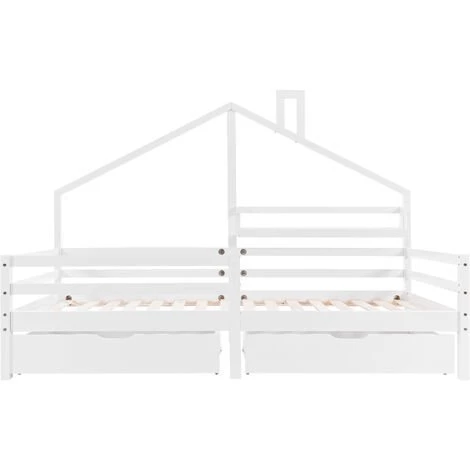 MERAX Lit Cabane 90 X 200 Cm, Lit Enfant Avec étagère De Rangement Et 2 Grands Tiroirs, Sommier Et Barrières Inlcus, Blanc 4 MERAX Lit Cabane 90 X 200 Cm, Lit Enfant Avec étagère De Rangement Et 2 Grands Tiroirs, Sommier Et Barrières Inlcus, Blanc – Image 4