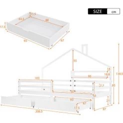 MERAX Lit Cabane 90 X 200 Cm, Lit Enfant Avec étagère De Rangement Et 2 Grands Tiroirs, Sommier Et Barrières Inlcus, Blanc 9 MERAX Lit Cabane 90 X 200 Cm, Lit Enfant Avec étagère De Rangement Et 2 Grands Tiroirs, Sommier Et Barrières Inlcus, Blanc -Lit enfant Soldes Boutique 65973198 5