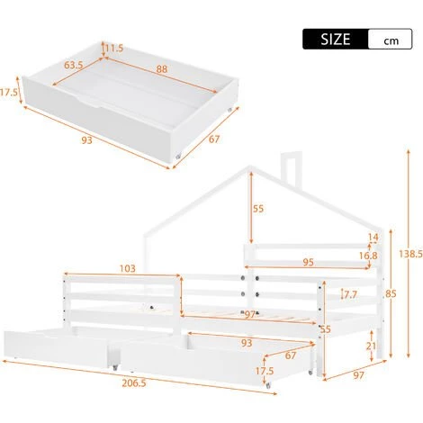 MERAX Lit Cabane 90 X 200 Cm, Lit Enfant Avec étagère De Rangement Et 2 Grands Tiroirs, Sommier Et Barrières Inlcus, Blanc 5 MERAX Lit Cabane 90 X 200 Cm, Lit Enfant Avec étagère De Rangement Et 2 Grands Tiroirs, Sommier Et Barrières Inlcus, Blanc – Image 5