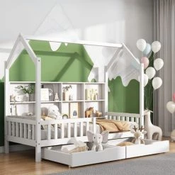 MERAX Lit Cabane 90 X 200 Cm Pour Enfant Ou Bébé Avec étagère De Rangement Bibliothèque Et 2 Tiroirs, Sommier à Lattes Inlcus, Blanc