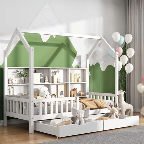 MERAX Lit Cabane 90 X 200 Cm Pour Enfant Ou Bébé Avec étagère De Rangement Bibliothèque Et 2 Tiroirs, Sommier à Lattes Inlcus, Blanc 1 MERAX Lit Cabane 90 X 200 Cm Pour Enfant Ou Bébé Avec étagère De Rangement Bibliothèque Et 2 Tiroirs, Sommier à Lattes Inlcus, Blanc