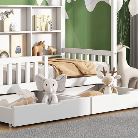 MERAX Lit Cabane 90 X 200 Cm Pour Enfant Ou Bébé Avec étagère De Rangement Bibliothèque Et 2 Tiroirs, Sommier à Lattes Inlcus, Blanc 2 MERAX Lit Cabane 90 X 200 Cm Pour Enfant Ou Bébé Avec étagère De Rangement Bibliothèque Et 2 Tiroirs, Sommier à Lattes Inlcus, Blanc – Image 2