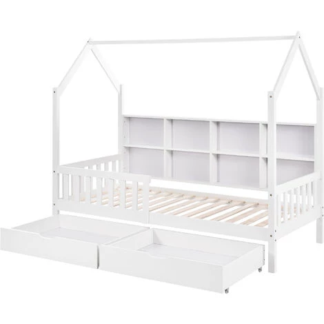 MERAX Lit Cabane 90 X 200 Cm Pour Enfant Ou Bébé Avec étagère De Rangement Bibliothèque Et 2 Tiroirs, Sommier à Lattes Inlcus, Blanc 3 MERAX Lit Cabane 90 X 200 Cm Pour Enfant Ou Bébé Avec étagère De Rangement Bibliothèque Et 2 Tiroirs, Sommier à Lattes Inlcus, Blanc – Image 3