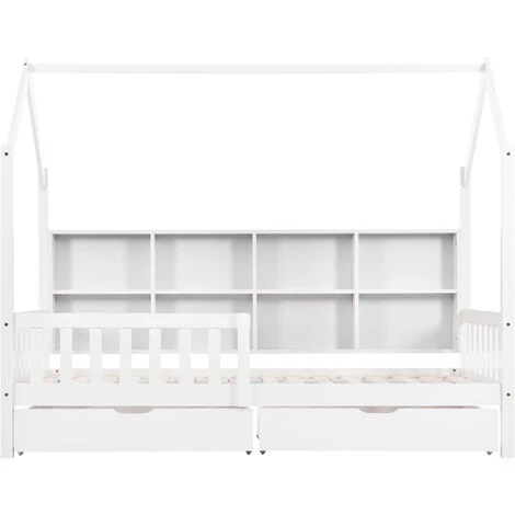 MERAX Lit Cabane 90 X 200 Cm Pour Enfant Ou Bébé Avec étagère De Rangement Bibliothèque Et 2 Tiroirs, Sommier à Lattes Inlcus, Blanc 4 MERAX Lit Cabane 90 X 200 Cm Pour Enfant Ou Bébé Avec étagère De Rangement Bibliothèque Et 2 Tiroirs, Sommier à Lattes Inlcus, Blanc – Image 4