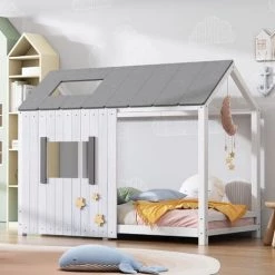 MERAX Lit Cabane Enfant 200x90 Cm, Lit Enfant Avec Toit Et Fenêtre, Barrières Et Sommier à Lattes, En Bois Massif, Gris Et Blanc
