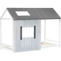 MERAX Lit Cabane Enfant 200x90 Cm, Lit Enfant Avec Toit Et Fenêtre, Barrières Et Sommier à Lattes, En Bois Massif, Gris Et Blanc -Lit enfant Soldes Boutique 65973201 3