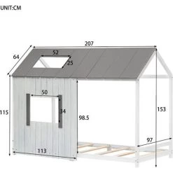 MERAX Lit Cabane Enfant 200x90 Cm, Lit Enfant Avec Toit Et Fenêtre, Barrières Et Sommier à Lattes, En Bois Massif, Gris Et Blanc -Lit enfant Soldes Boutique 65973201 4