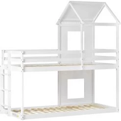 MERAX Lit Superposé Enfant 90 X 200 Cm Avec échelle Et Toit, Lit Cabane Avec Sommier, Cadre De Lit En Bois De Pin, Couleur Blanc -Lit enfant Soldes Boutique 65973402 4