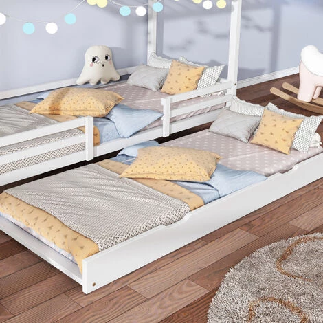 FYFAMILY Lit Enfant, Lit Cabane En Bois Avec Lit Gigogne Gigogne 90 X 200 Cm Blanc 4 FYFAMILY Lit Enfant, Lit Cabane En Bois Avec Lit Gigogne Gigogne 90 X 200 Cm Blanc – Image 4