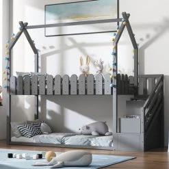 FYFAMILY Lit Superposé Enfant, Lit Cabane En Bois Avec 2 Tiroirs, Escalier Et Clôture Pour Meuble De Chambre 90 X 200 Cm Gris