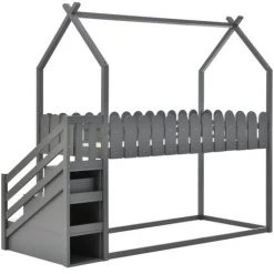 FYFAMILY Lit Superposé Enfant, Lit Cabane En Bois Avec 2 Tiroirs, Escalier Et Clôture Pour Meuble De Chambre 90 X 200 Cm Gris -Lit enfant Soldes Boutique 65990273 3
