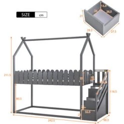 FYFAMILY Lit Superposé Enfant, Lit Cabane En Bois Avec 2 Tiroirs, Escalier Et Clôture Pour Meuble De Chambre 90 X 200 Cm Gris -Lit enfant Soldes Boutique 65990273 5