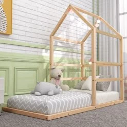 FIMEI Lit Cabane 90x200, Lit De Maison D'enfant En Pin Lit D'écurie Pour Filles & Garçons Lit D'adolescent Bois Massif Couleur Naturelle