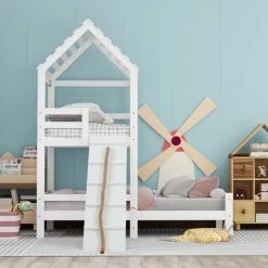 MERAX Lit Cabane Enfant 90 X 200 Cm Avec 2 étagères, Bois De Pin Et MDF, Barrière Sommier à Lattes Et Echelle Inclus, Pour Enfant 6 Ans, Blanc