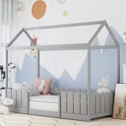 GROSMONDE 90x200 Cm Lit De Maison - Lit D'enfant Polyvalent En Bois Pour Gar?ons Et Filles - Avec Protection Anti-chute Et Sommier à Lattes - Gris (Sans Matelas)