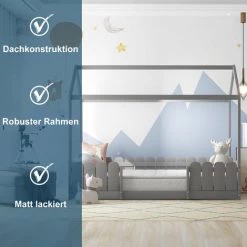 GROSMONDE 90x200 Cm Lit De Maison - Lit D'enfant Polyvalent En Bois Pour Gar?ons Et Filles - Avec Protection Anti-chute Et Sommier à Lattes - Gris (Sans Matelas) -Lit enfant Soldes Boutique 67552754 4