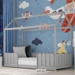 GROSMONDE 90x200 Cm Lit De Maison - Lit D'enfant Polyvalent En Bois Pour Gar?ons Et Filles - Avec Protection Anti-chute Et Sommier à Lattes - Gris (Sans Matelas) -Lit enfant Soldes Boutique 67552754 5