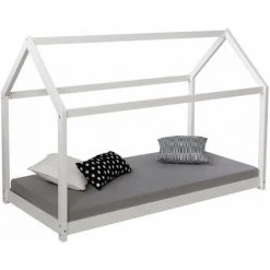 DéCOSHOP26 Lit Pour Enfant En Forme De Maison En Bois Blanc Avec Sommier à Lattes - Or