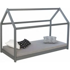 DéCOSHOP26 Lit Pour Enfant En Forme De Maison En Bois Gris Avec Sommier à Lattes - Or