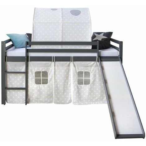 DéCOSHOP26 Lit Mezzanine 90x200cm Avec échelle Toboggan En Bois Gris Avec Tissu étoile Et Tunnel - Gris 2 DéCOSHOP26 Lit Mezzanine 90x200cm Avec échelle Toboggan En Bois Gris Avec Tissu étoile Et Tunnel - Gris – Image 2
