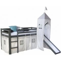 DéCOSHOP26 Lit Mezzanine 90x200cm Avec échelle Toboggan En Bois Gris Avec Tissu étoile Et Tour - Gris